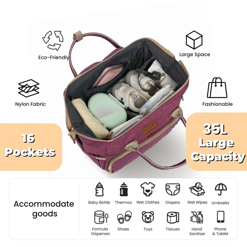 ROSEGIN Diaper Bag Backpack with Changing Pad, Pacifier Case, Baby Bag for Boy Girl Toddler - Large, Stylish, Waterproof Travel Quilted Diaper Bag for Mom - Baby Shower - Purple - Image 2